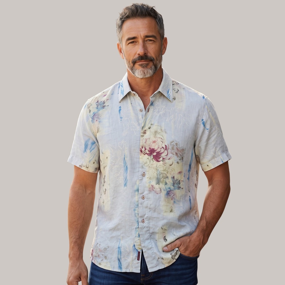 Indigo Palms Tommy Bahama Mens Large Linen Floral Watercolor Button Down Shirt
